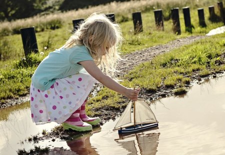 Girl Playing - cute, girl, playing, boat