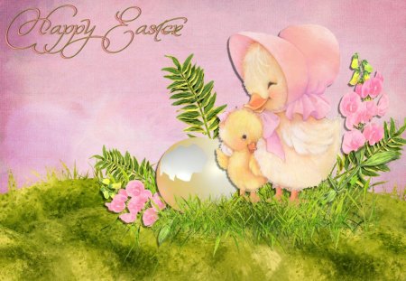 Easter Time - duck, easter, happy easter, spring, duckling, pretty, yellow, pink, holiday, green, mama, egg, flowers, cute