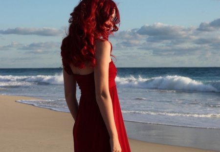 Redhead - beach, redhead, girl, red dress