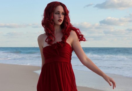 Redhead beauty - beach, redhead, girl, red dress