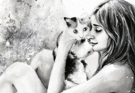 Girl and cat - pretty, cat face, sleepy, paws, kitten, cats, face, sleeping, hat, beautiful, girl, beauty, lovely, sweet, cat, cute, animals, kitty