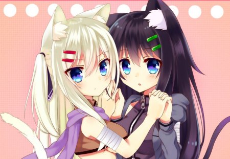 Neko Twins - Blush, Cute, Sweet, kiyupapiko, Black Hair, Girls, Blonde Hair, Twins, Cat Ears, Blue Eyes, Anime, Original, Cat Tails, Long Hair, Nekos, kiyu