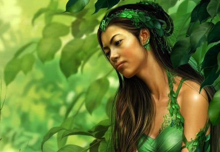 The woman- fantasy - leaves, green, the woman, fantasy