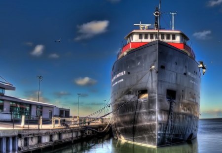 ship tied up at the dock hdr - port, docks, terminal, ship, birds, hdr