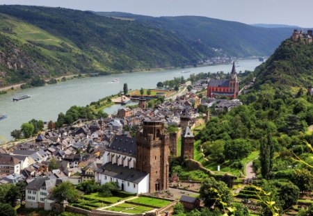 wonderful town on the river - river, hills, churches, town, castle