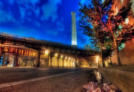 street on the commercial side of town at night hdr - street, factory, clouds, night, hdr, lights