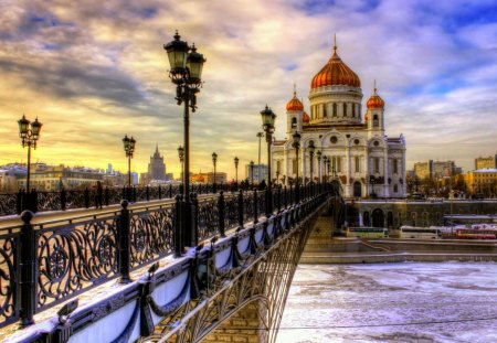 a bridge to a beautiful church in winter hdr - river, hdr, city, church, bridge