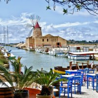 restaurant overlooking sicilian windmill hdr