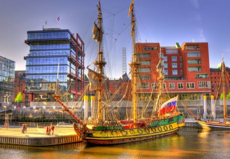 fabulous ancient sail ship in modern city hdr - docks, sail ship, old, hdr, city