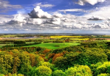 beautiful view of fields to the sea hdr - forest, clouds, fields, sea, hdr