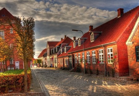 red brick houses on a cobblestone street hdr - street, red, brick, hdr, cobblestone, houses