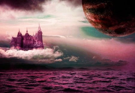 Pink fantasy - moon, water, blue, planet, sea, ocean, pink, fantasy, white, world, cloud, castle, sky, luna