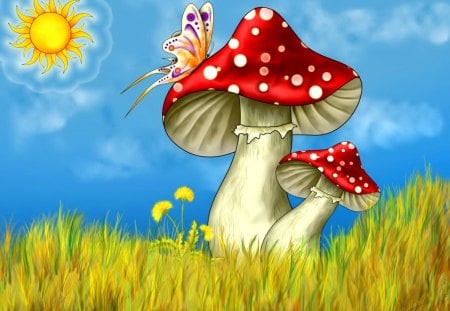 Sunny world - nice, mushroom, sky, joy, sun, colorful, children, pretty, sunny, grass, rays, summer, funny, drawing, kids, lovely, world, butterfly, blue, beautiful