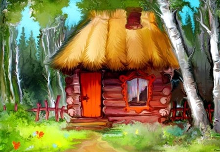 House in forest - pretty, summer, cabin, grass, forest, path, fairytale, nice, cottage, house, trees, beautiful, lovely, colorful, drawing, fantasy, birch, painting