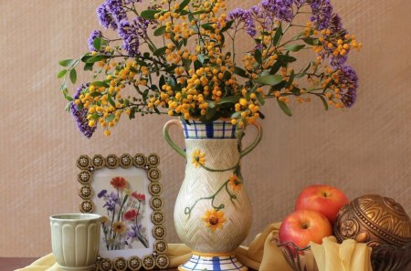 Still Life - flowers, apple, frame, vase