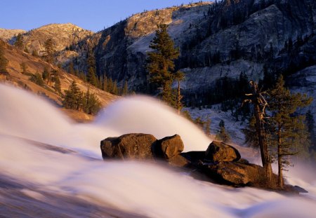 Rapid Flowing River - trees, water, blue, brown, rock, mountain, river, nature, flowing, sky