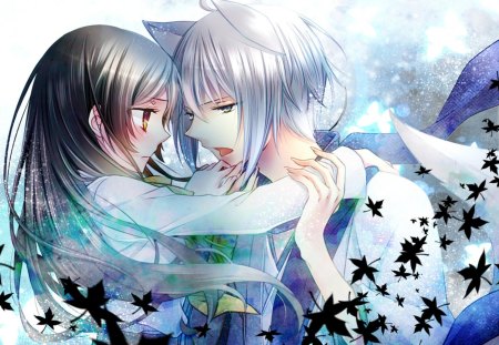 Pleased to Meet You... My Master - anime, spirit, blue, beautiful, girl, fox spirit, gentle, servant, leaves, master, fall, silver, supernatural, kamisama hajimemashite