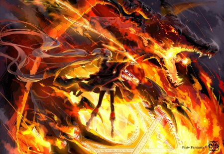 Pixiv Fantasia - girl, owner, cant think of a foruth, dragon, fire, pixiv fantasia