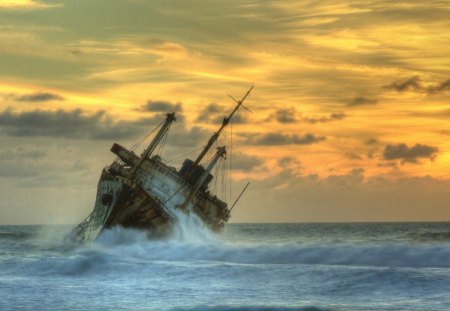 ship wreck in the waves hdr - ship, wreck, beach, clouds, hdr, sea, waves