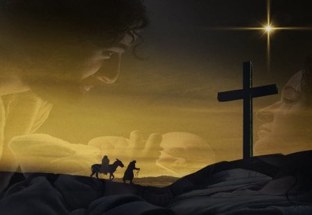 From The Manger To The Cross - baby jesus, jesus, mary, baby, christmas, easter, holiday, joseph, star, manger, cross, donkey