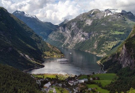 resort at the foot of a fjord - resort, clouds, cruise ship, mpuntains, fjord