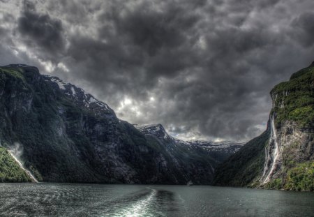 fantastic fjord landscape hdr - fjord, clouds, waterfalls, ship, hdr, mountains