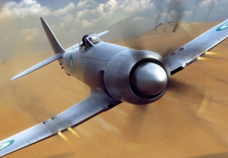 Sea Fury, Desert Fighter - fighter, clouds, desert, military, sand, seafury, aircraft, nature, field, sky