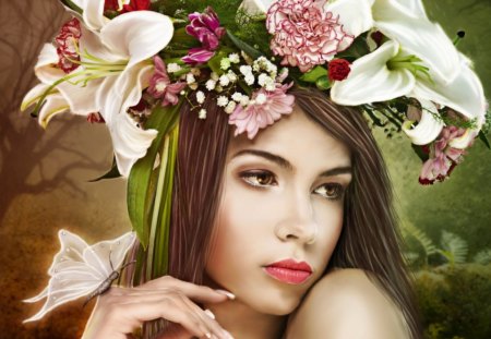 Flower girl - woman, style, girl, artistc, fantasy, lillies, face, flowers, flower