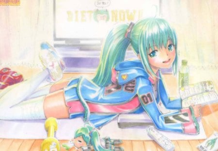 Hatsune & Hachune Miku - drink, Wii control, hachune miku, vocaloid, weight, anime, TV, hatsune miku