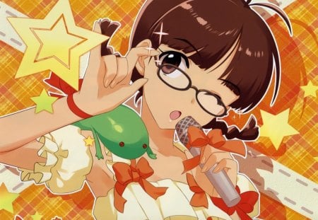 ~Akizuki Ritsuko~ - anime, bows, wink, colors, brown hair, stars, microphone, idolmaster, glasses, akizuki ritsuko, bangs