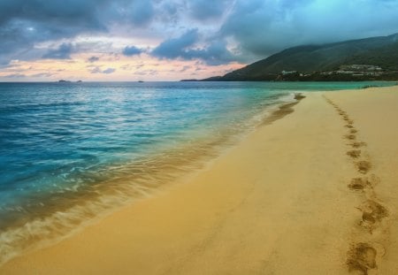 footprints on a beautiful beach - beach, sea, footprints, clouds