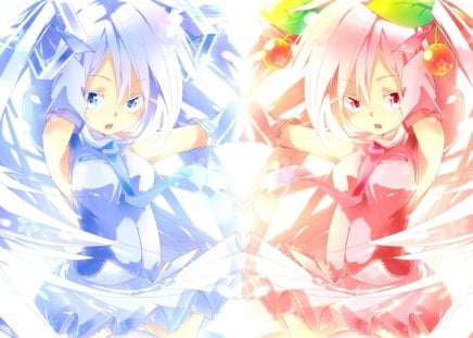 Hatsune & Sakura Miku - hatsune miku, pink, vocaloid, blue, anime, winter, sakura miku, spring