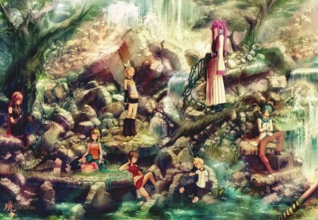 Vocaloid - anime, vocaloid, waterfalls, people, len kagamine, hatsune miku, forest, group, outdoors, nature, rin kagamine, megurine luka