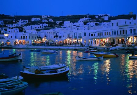 an evening set in blue - boates, water, blue, beautiful, photography, evening, travel, night, reflection, homes, sky