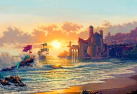 ~Part of Your World~ - animated, ariel, princess, ocean, sky, sunset, fantasy, mermaid, clouds, castle, fairy tale, disney, classic, sea