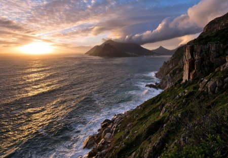 beautiful sunset on the sea - mountain, clouds, sunset, sea, coast