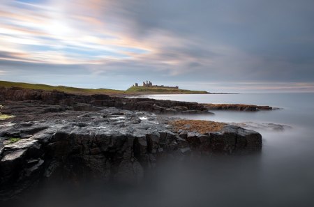 ancient ruins on a misty seashore - shore, mist, sea, rocks, ruins