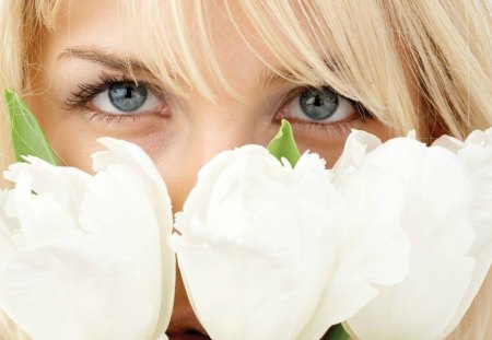 *** With white tulips *** - white, female, people, tulips, flowers, model