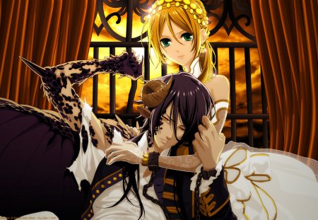 Demon Couple - female, romantic, window, romance, wink, night, green eyes, curtain, blond, horn, claws, gown, hot, love, cute, sexy, demon, anime, dress, blonde, anime  girl, guy, blond hair, long hair, boy, male, r, sky, girl, blonde hair, brown hair, handsome, cloud, lover, couple