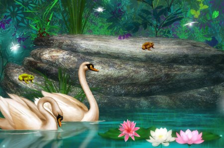 ✰Adorable in Lotus Pond✰ - pretty, cyan, birds, lilies, summer, blossom, spring, flowers, swans, plants, seasons, swim, frogs, lotus, blooms, digital art, petals, dragonflies, nature, cute, animals, splendor, pair, pollen, leaves, aqua, forests, grasses, trees, water, beautiful, lovely, sweet, bright, adorable, couple, rocks