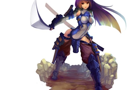 Blade Fury - anime, anime girl, female, hot, girl, sword, simple, long hair, armor, blade, white, plain, cute, weapon, sexy