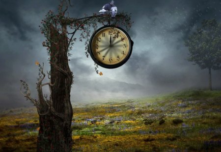 Clock on tree - clock, fields, tree, art