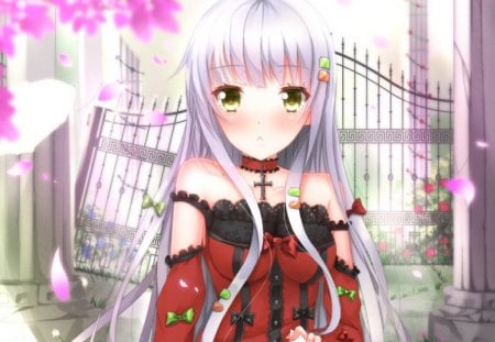 RedDress Cutie - pretty, anime, female, book, dress, long hair, white hair, nice, silver hair, yellow eyes, gown, anime girl, beautiful, hot, girl, blush, beauty, lovely, sweet, fence, petals, cute, sexy