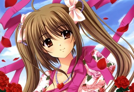 Pink Ribbon - nice, beauty, sky, female, brown eyes, hot, anime girl, rose, brown hair, pretty, cloud, petals, anime, ribbon, cute, sexy, girl, twintails, long hair, lovely, floral, beautiful, blossom, sweet, flower