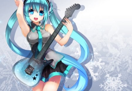 Hatsune Miku - anime, vocaloid, female, hatsune miku, long hair, happy, guitar, superstar, blue hair, plain, blue eyes, idol, anime girl, twintails, hot, singer, girl, simple, smile, miku, diva, cute, hatsune, sexy, vocaloids