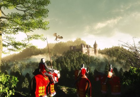 Journey to the castle - fantasy, horseman, castle, trees, art