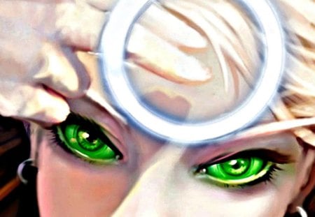 Green eyes - detail, game, girl, eyes, creature, fantasy, hand, green, woman