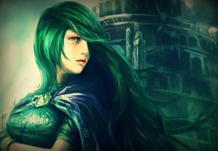 Fantasy girl - princess, beauty, girl, hair, black, fantasy, castle, blue, green