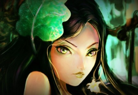 Fairy portret - girl, hair, leaf, black, fantasy, portret, yellow, creature, green, fairy, cute, head, flower