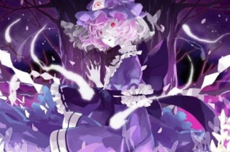 yuyuko - purple, butterfly, hair, pink